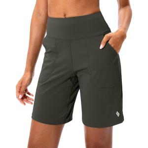SANTINY Bermuda Shorts for Women with Zipper Pocket Womens High Waisted Long Shorts for Running Workout Athletic(Olive Green)
