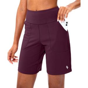 SANTINY Bermuda Shorts for Women with Zipper Pocket Womens High Waisted Long Shorts for Running Workout Athletic(Wine)
