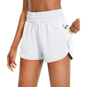 SANTINY Women’s Running Shorts with Zip Pockets High Waisted Athletic Workout Gym Shorts for Women with Liner(White)