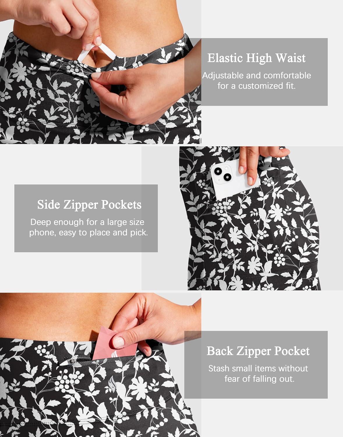 imageSANTINY 19quot Golf Skorts Skirts for Women Zipper Pockets Knee Length Skort Womens High Waist Athletic Tennis SkirtBlack Flower