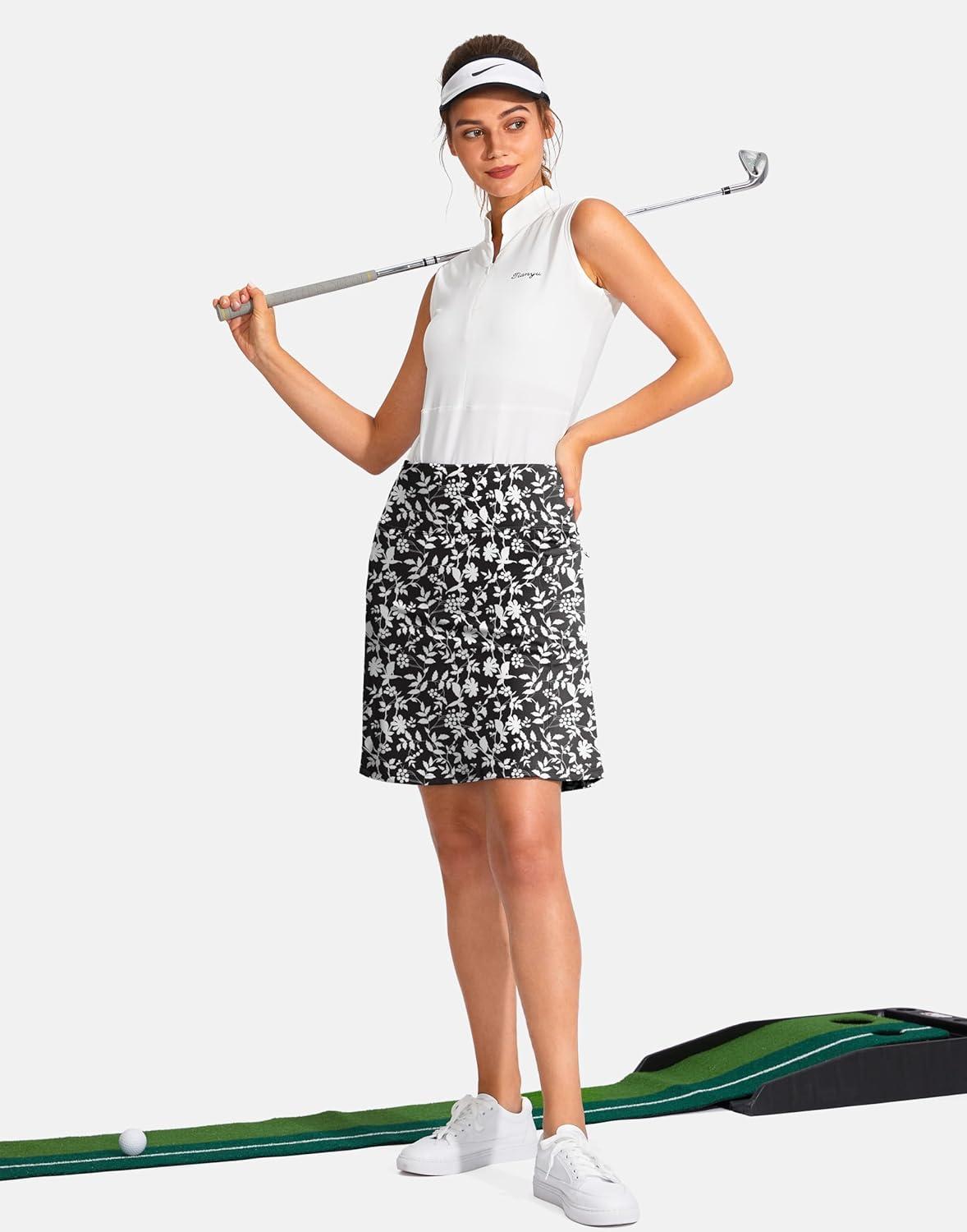 imageSANTINY 19quot Golf Skorts Skirts for Women Zipper Pockets Knee Length Skort Womens High Waist Athletic Tennis SkirtBlack Flower