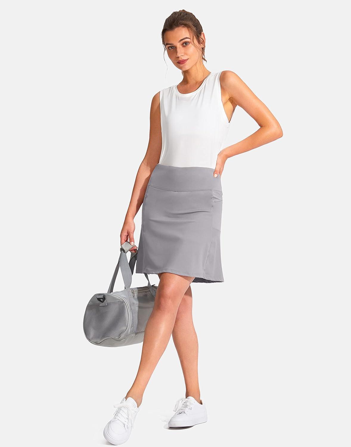 imageSANTINY 19quot Golf Skorts Skirts for Women Zipper Pockets Knee Length Skort Womens High Waist Athletic Tennis SkirtLight Grey