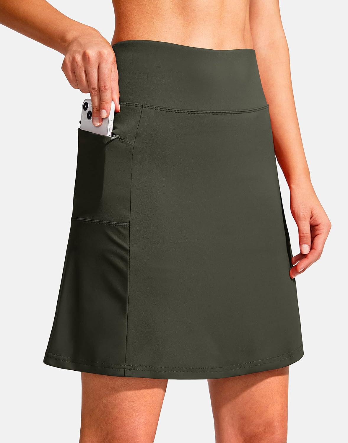 imageSANTINY 19quot Golf Skorts Skirts for Women Zipper Pockets Knee Length Skort Womens High Waist Athletic Tennis SkirtOlive Green