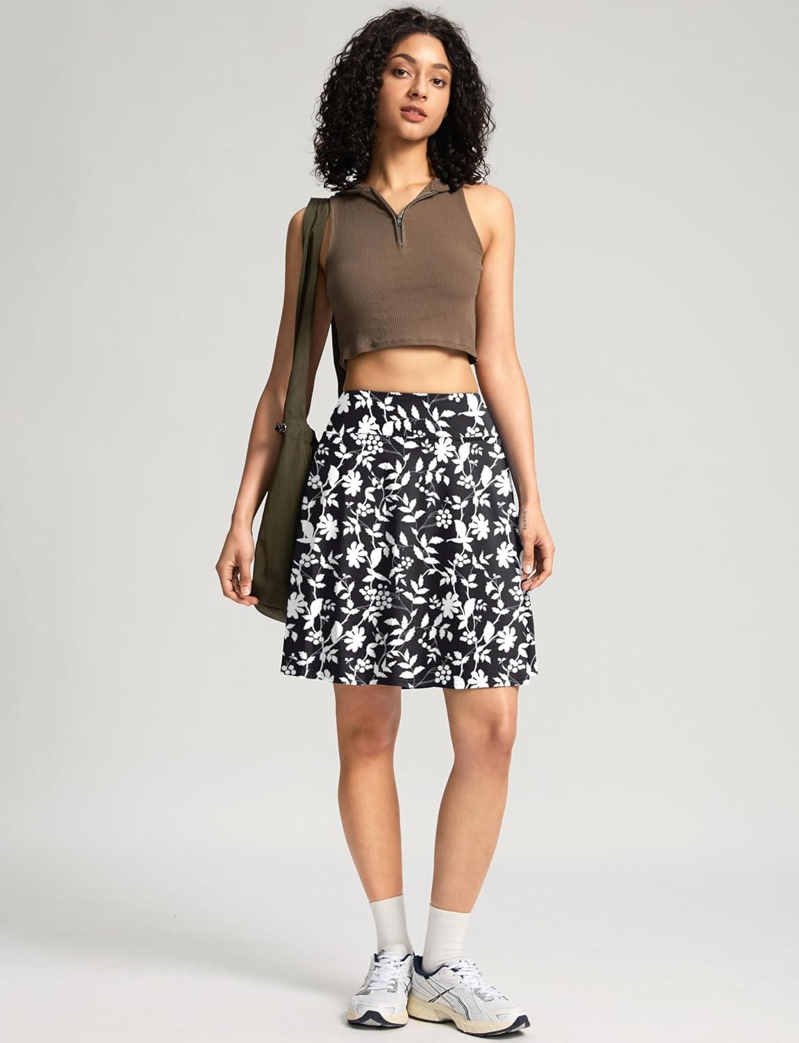 imageSANTINY 20 Knee Length Skorts for Woman 4 Pockets High Waisted Womens Tennis Golf Skirts Long Athletic Skirt with ShortsFloral Black White