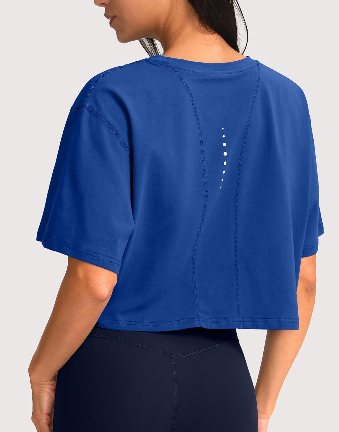 imageSANTINY Cotton Crop Workout Tops for Women Short Sleeve Running Shirts Cropped TShirt Yoga Athletic Gym Tops