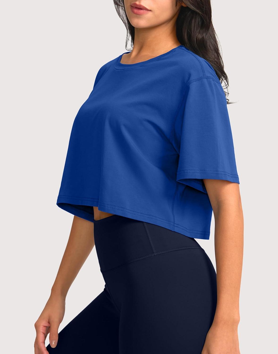 imageSANTINY Cotton Crop Workout Tops for Women Short Sleeve Running Shirts Cropped TShirt Yoga Athletic Gym Tops