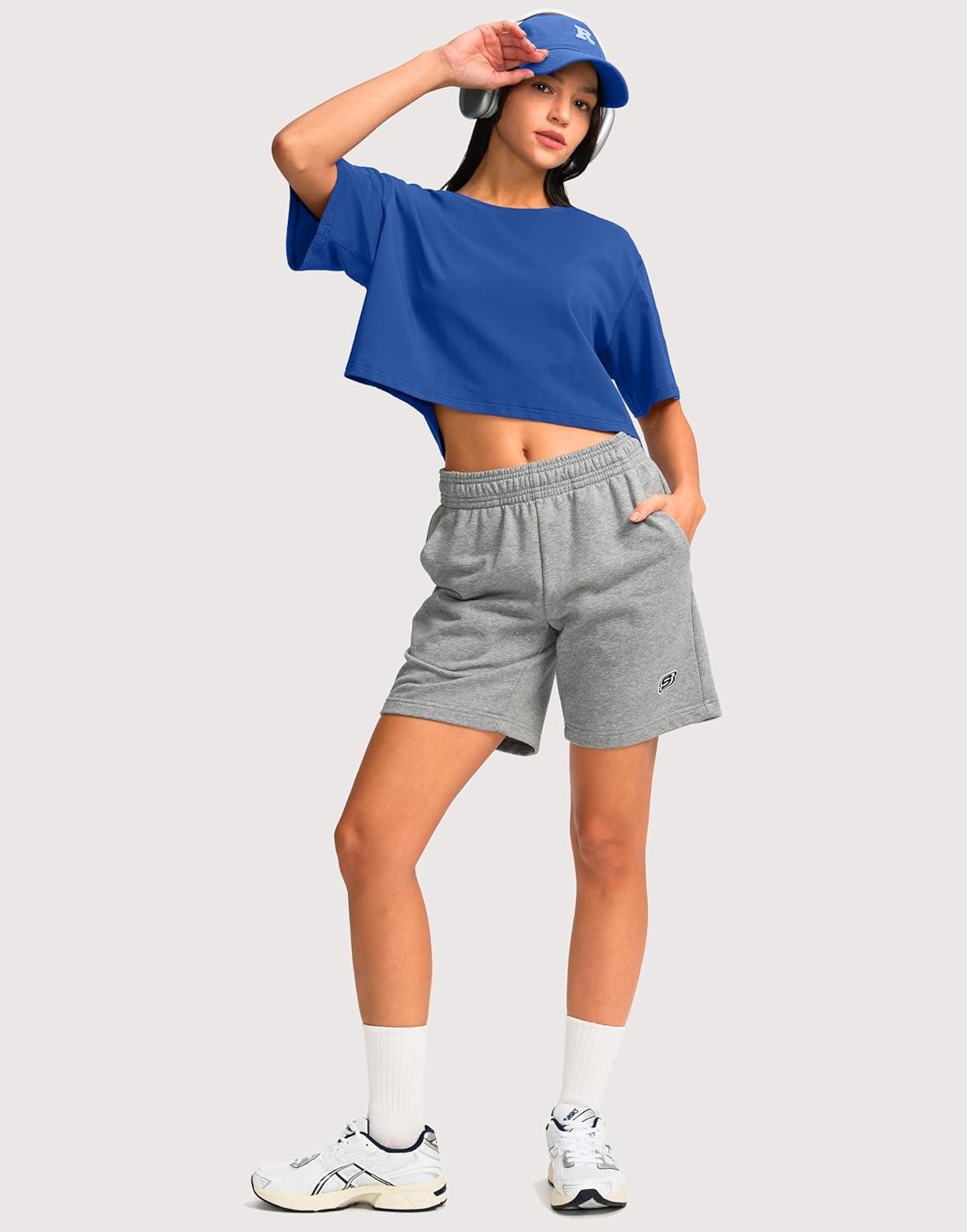 imageSANTINY Cotton Crop Workout Tops for Women Short Sleeve Running Shirts Cropped TShirt Yoga Athletic Gym Tops