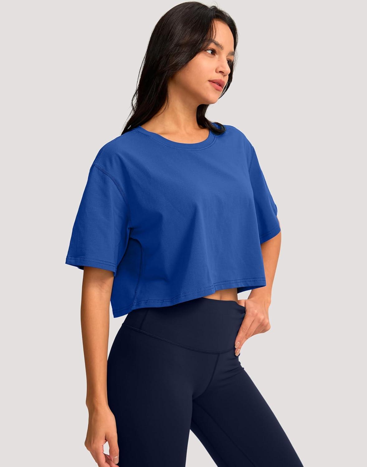 imageSANTINY Cotton Crop Workout Tops for Women Short Sleeve Running Shirts Cropped TShirt Yoga Athletic Gym Tops