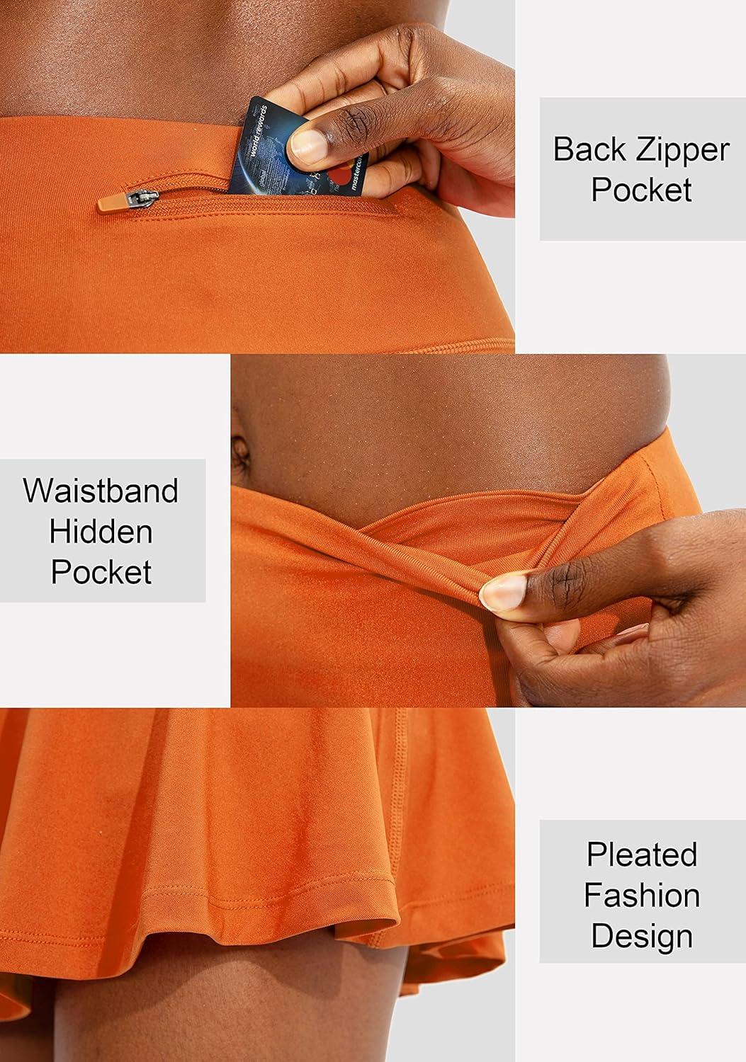 imageSANTINY Pleated Tennis Skirt for Women with 4 Pockets Womens High Waisted Athletic Golf Skorts Skirts for Running CasualOrange