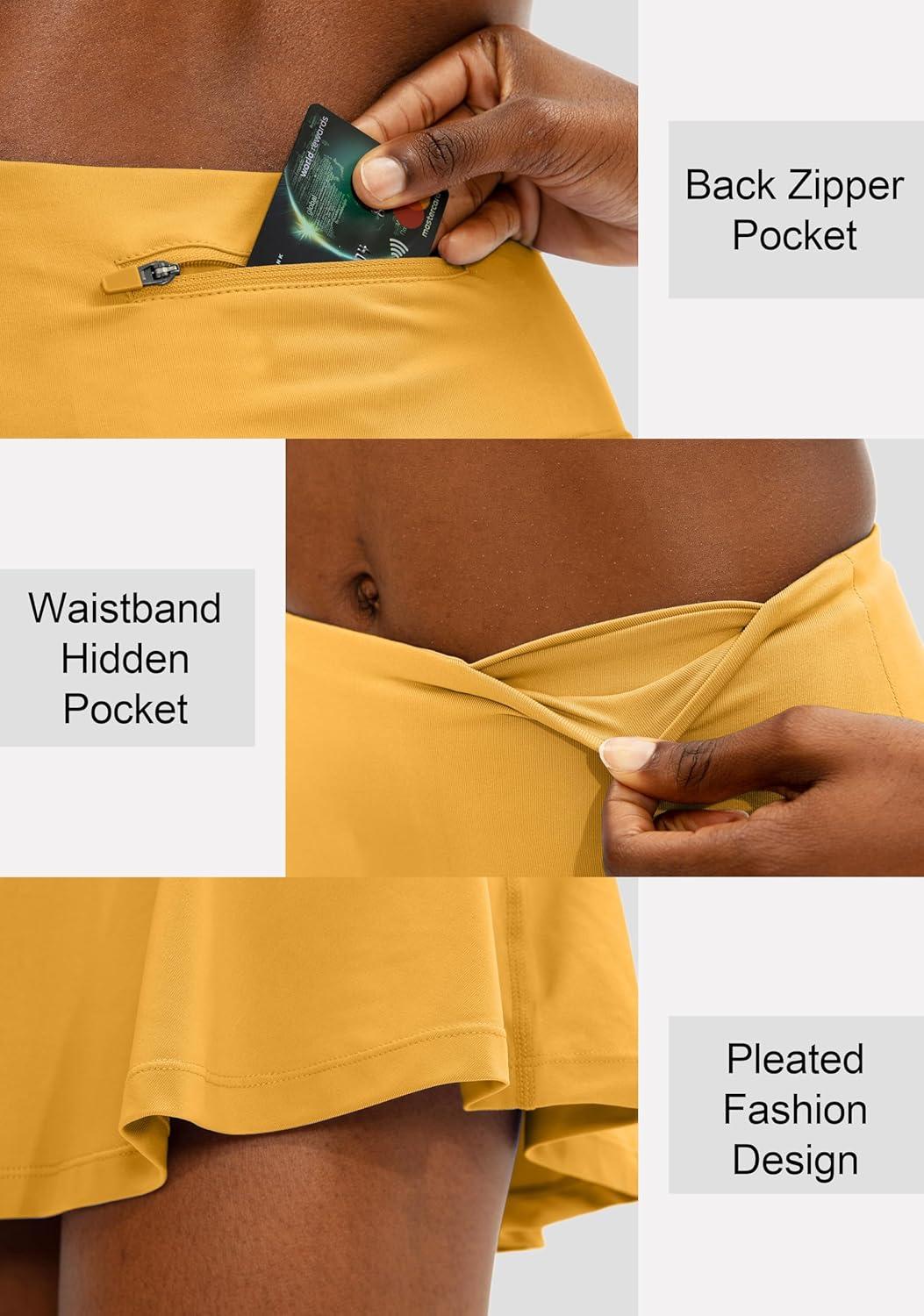 imageSANTINY Pleated Tennis Skirt for Women with 4 Pockets Womens High Waisted Athletic Golf Skorts Skirts for Running CasualYellow