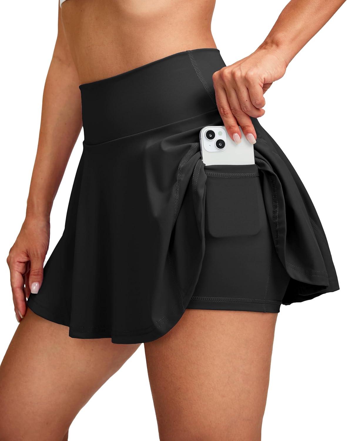 imageSANTINY Pleated Tennis Skirts for Women with Pockets Womens High Waisted Running Workout Athletic Golf Skorts SkirtsBlack