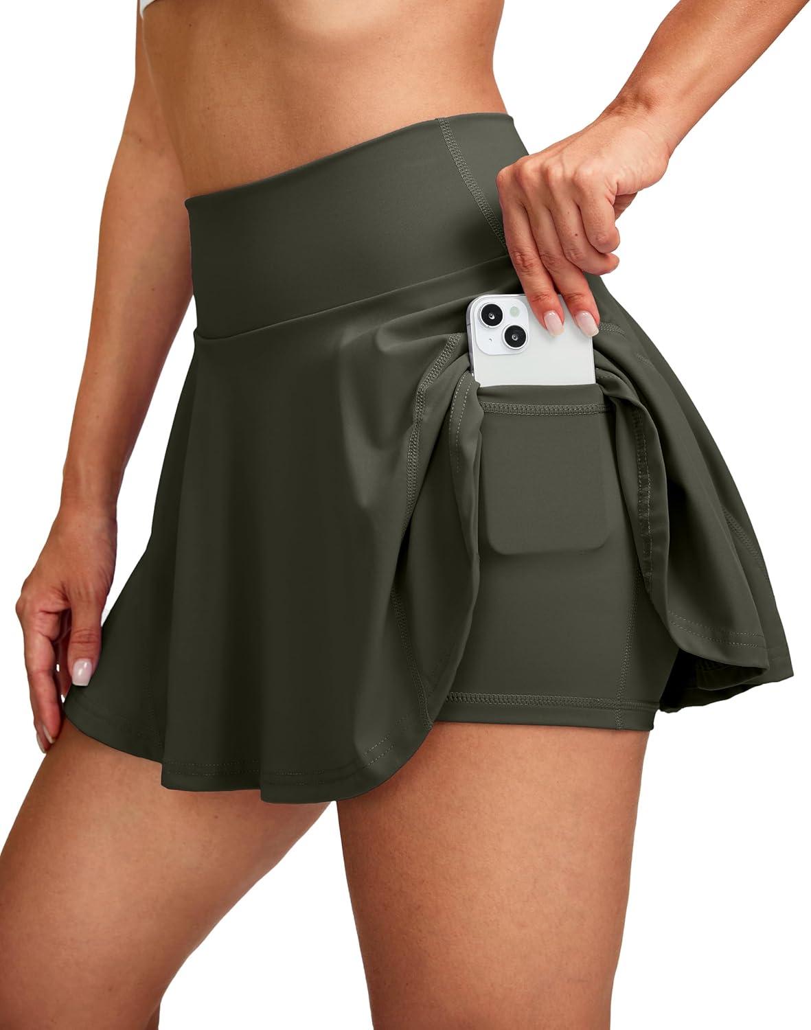 imageSANTINY Pleated Tennis Skirts for Women with Pockets Womens High Waisted Running Workout Athletic Golf Skorts SkirtsOlive Green