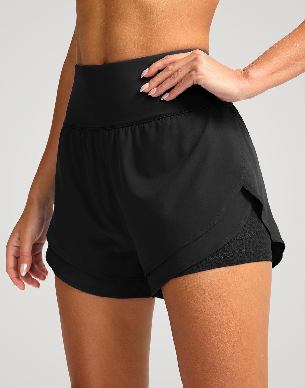 imageSANTINY Womens 2 in 1 Running Shorts with Pockets 3quot High Waisted Exercise Workout Athletic Shorts for Women with LinerBlack