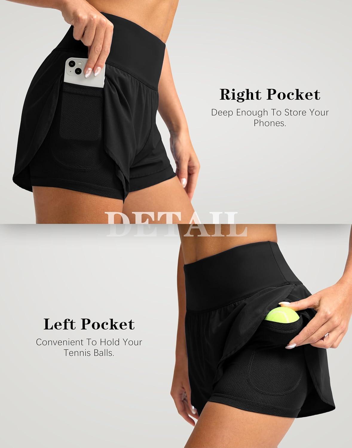 imageSANTINY Womens 2 in 1 Running Shorts with Pockets 3quot High Waisted Exercise Workout Athletic Shorts for Women with LinerBlack