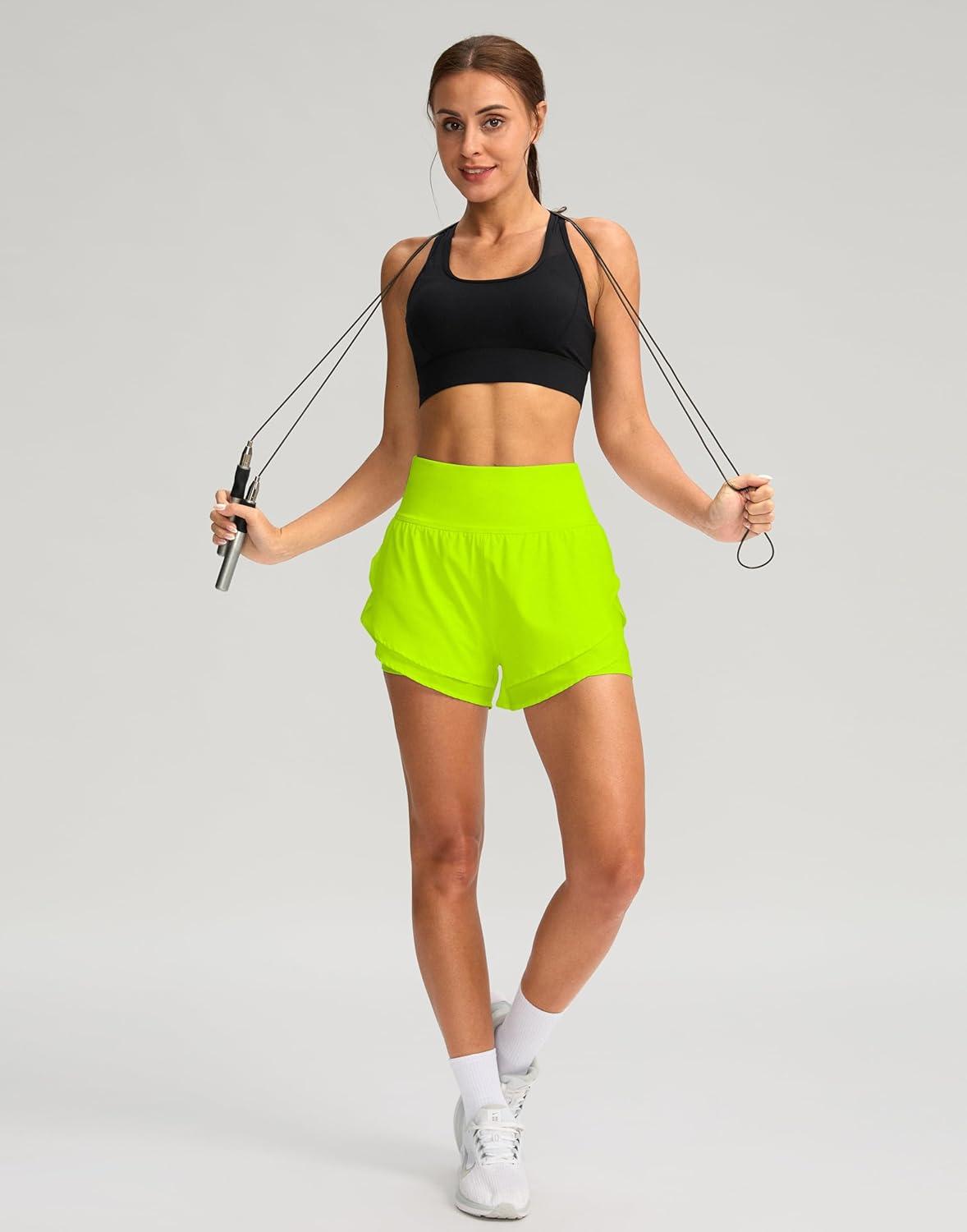 imageSANTINY Womens 2 in 1 Running Shorts with Pockets 3quot High Waisted Exercise Workout Athletic Shorts for Women with LinerBright Green