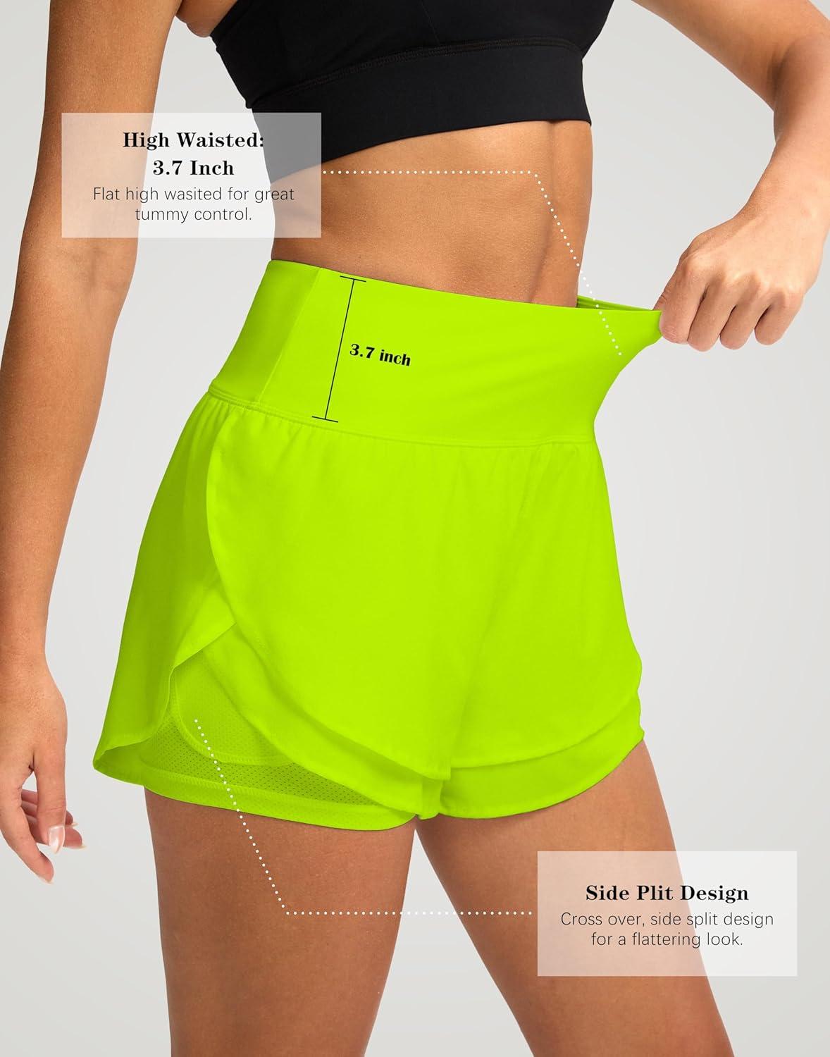 imageSANTINY Womens 2 in 1 Running Shorts with Pockets 3quot High Waisted Exercise Workout Athletic Shorts for Women with LinerBright Green