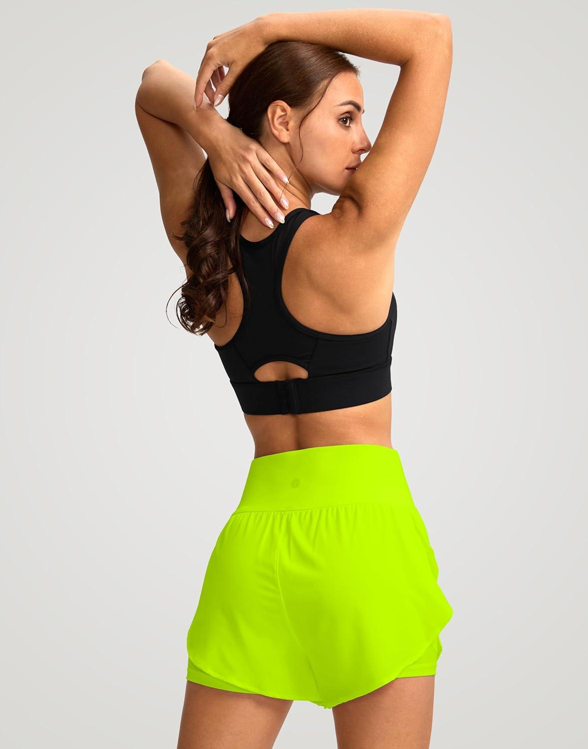 imageSANTINY Womens 2 in 1 Running Shorts with Pockets 3quot High Waisted Exercise Workout Athletic Shorts for Women with LinerBright Green