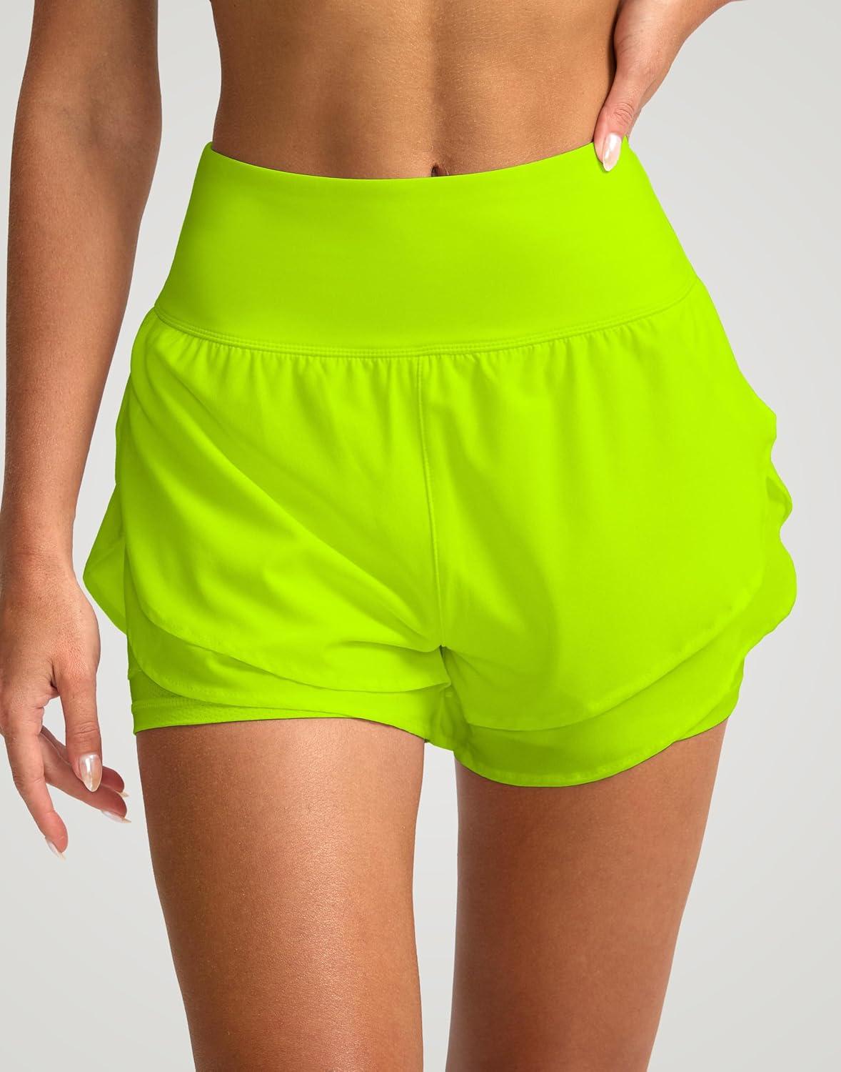 imageSANTINY Womens 2 in 1 Running Shorts with Pockets 3quot High Waisted Exercise Workout Athletic Shorts for Women with LinerBright Green