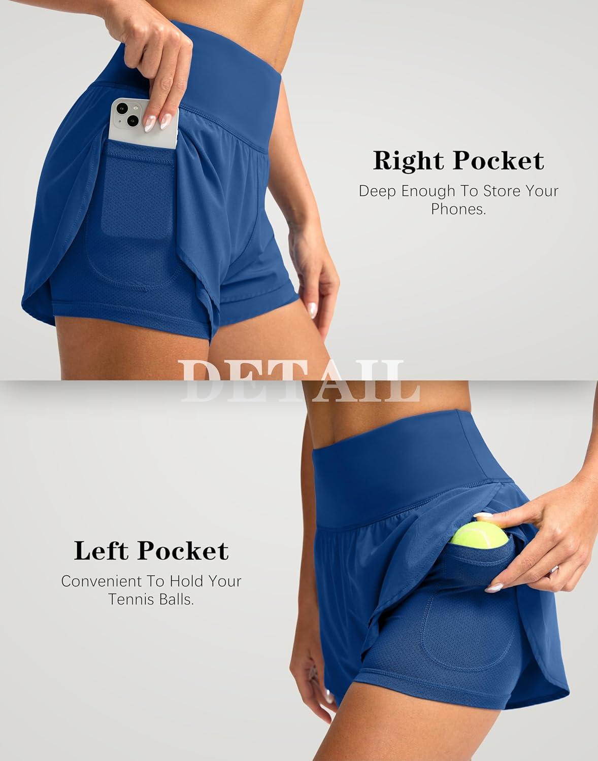 imageSANTINY Womens 2 in 1 Running Shorts with Pockets 3quot High Waisted Exercise Workout Athletic Shorts for Women with LinerDark Blue