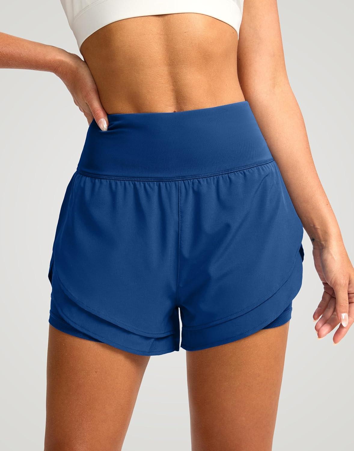 imageSANTINY Womens 2 in 1 Running Shorts with Pockets 3quot High Waisted Exercise Workout Athletic Shorts for Women with LinerDark Blue