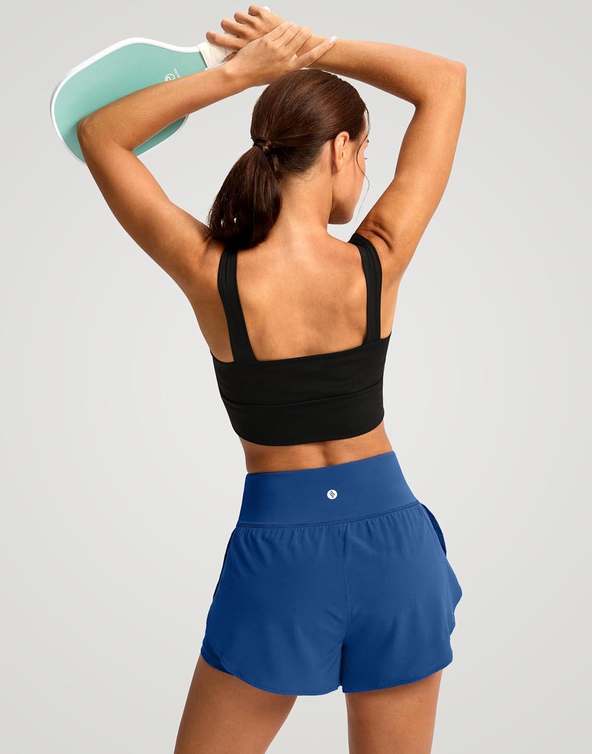 imageSANTINY Womens 2 in 1 Running Shorts with Pockets 3quot High Waisted Exercise Workout Athletic Shorts for Women with LinerDark Blue