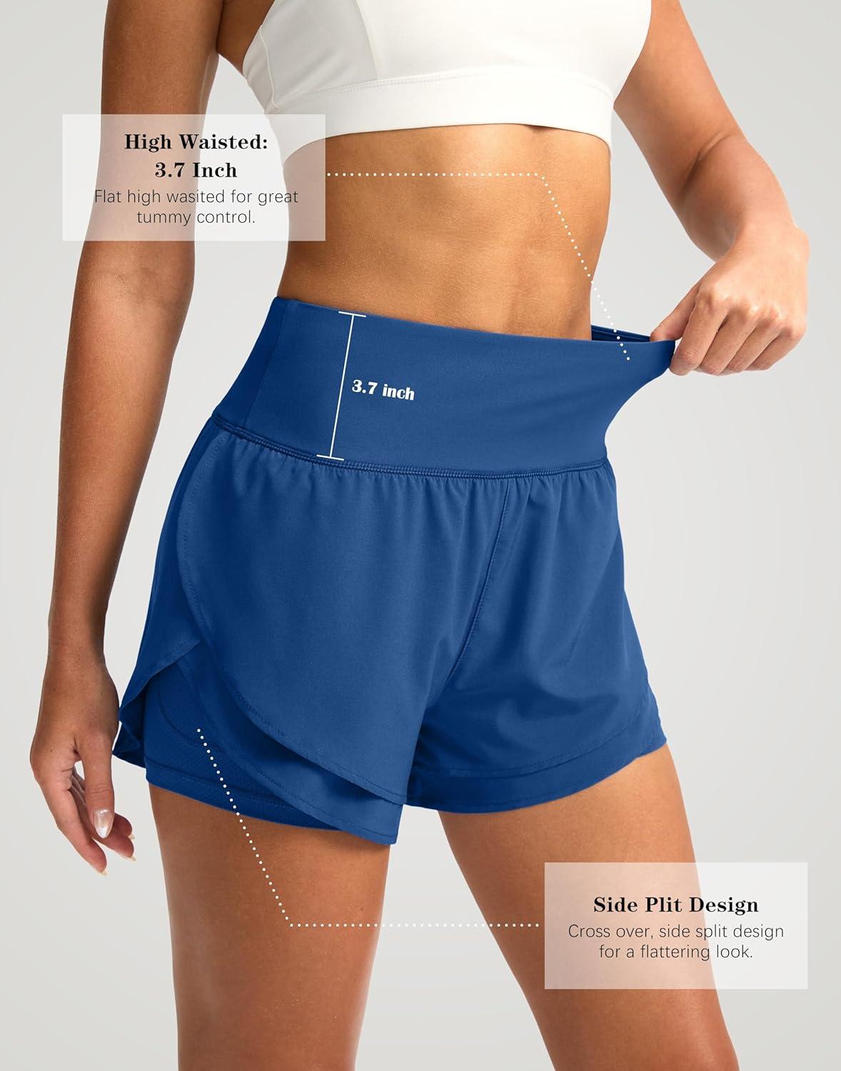 imageSANTINY Womens 2 in 1 Running Shorts with Pockets 3quot High Waisted Exercise Workout Athletic Shorts for Women with LinerDark Blue