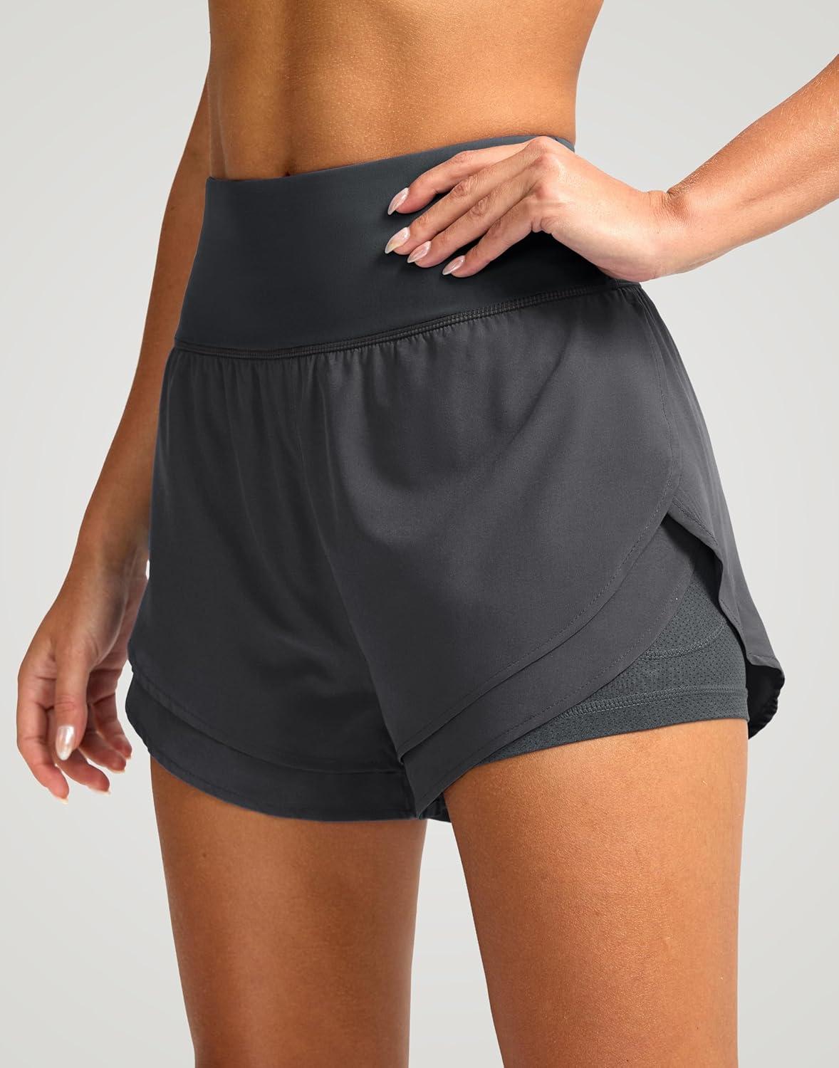 imageSANTINY Womens 2 in 1 Running Shorts with Pockets 3quot High Waisted Exercise Workout Athletic Shorts for Women with LinerDark Grey