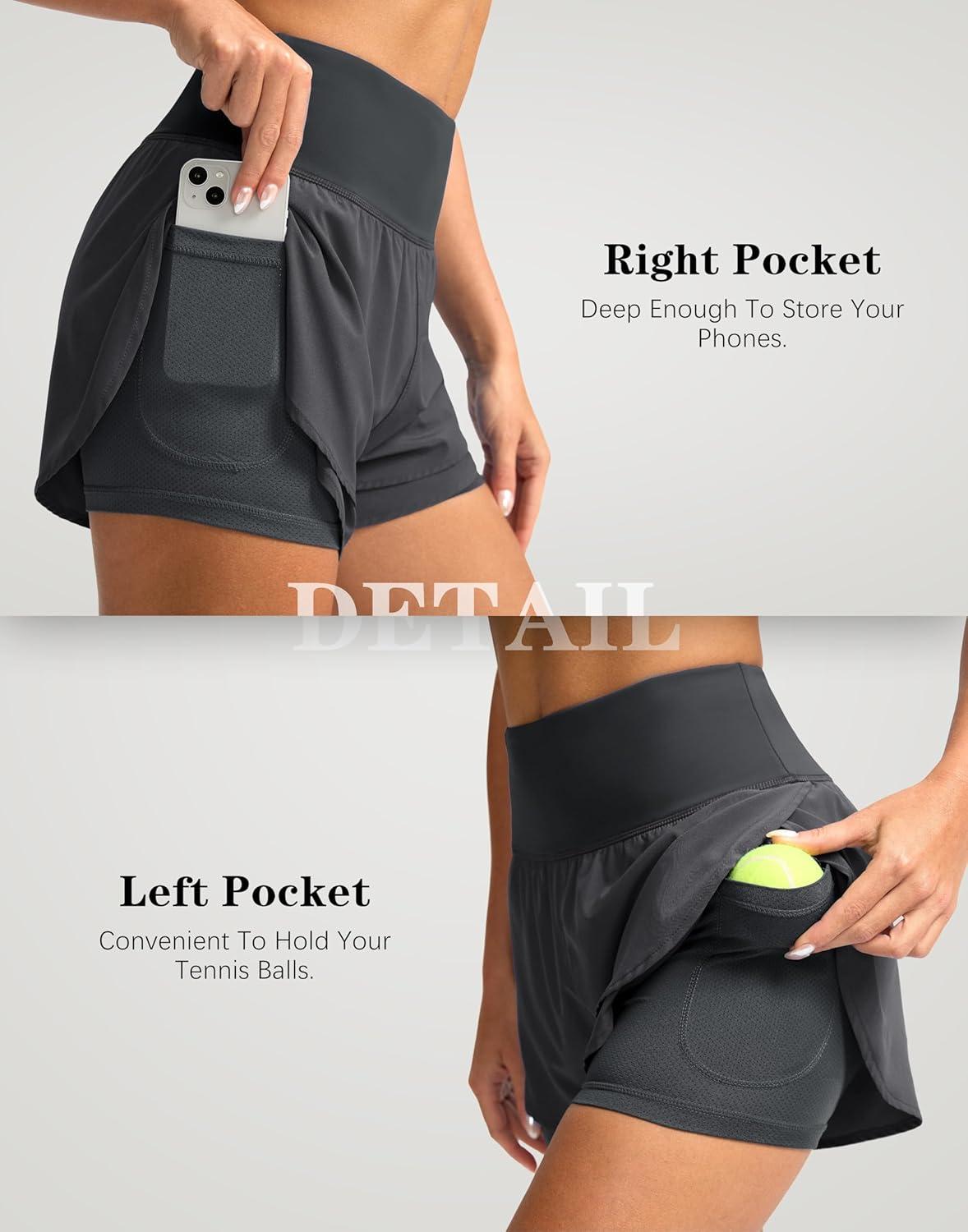 imageSANTINY Womens 2 in 1 Running Shorts with Pockets 3quot High Waisted Exercise Workout Athletic Shorts for Women with LinerDark Grey