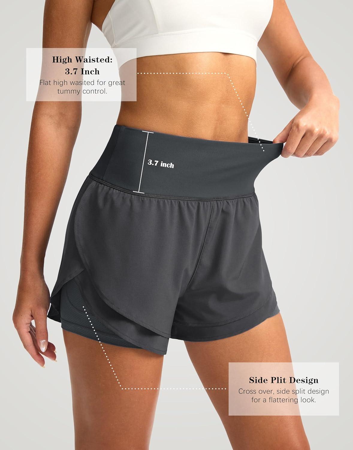 imageSANTINY Womens 2 in 1 Running Shorts with Pockets 3quot High Waisted Exercise Workout Athletic Shorts for Women with LinerDark Grey