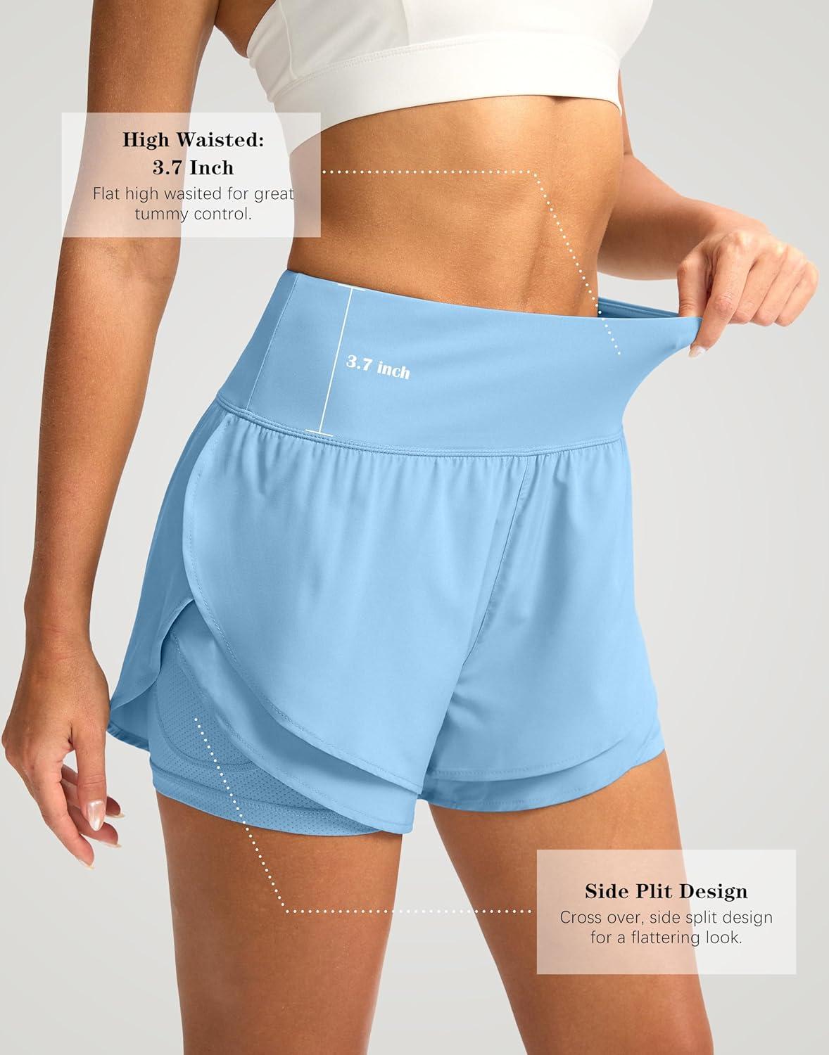 imageSANTINY Womens 2 in 1 Running Shorts with Pockets 3quot High Waisted Exercise Workout Athletic Shorts for Women with LinerLight Blue