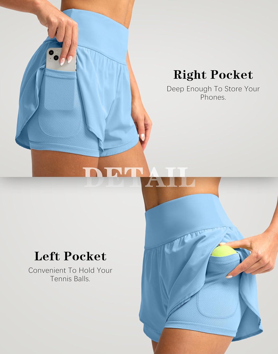 imageSANTINY Womens 2 in 1 Running Shorts with Pockets 3quot High Waisted Exercise Workout Athletic Shorts for Women with LinerLight Blue