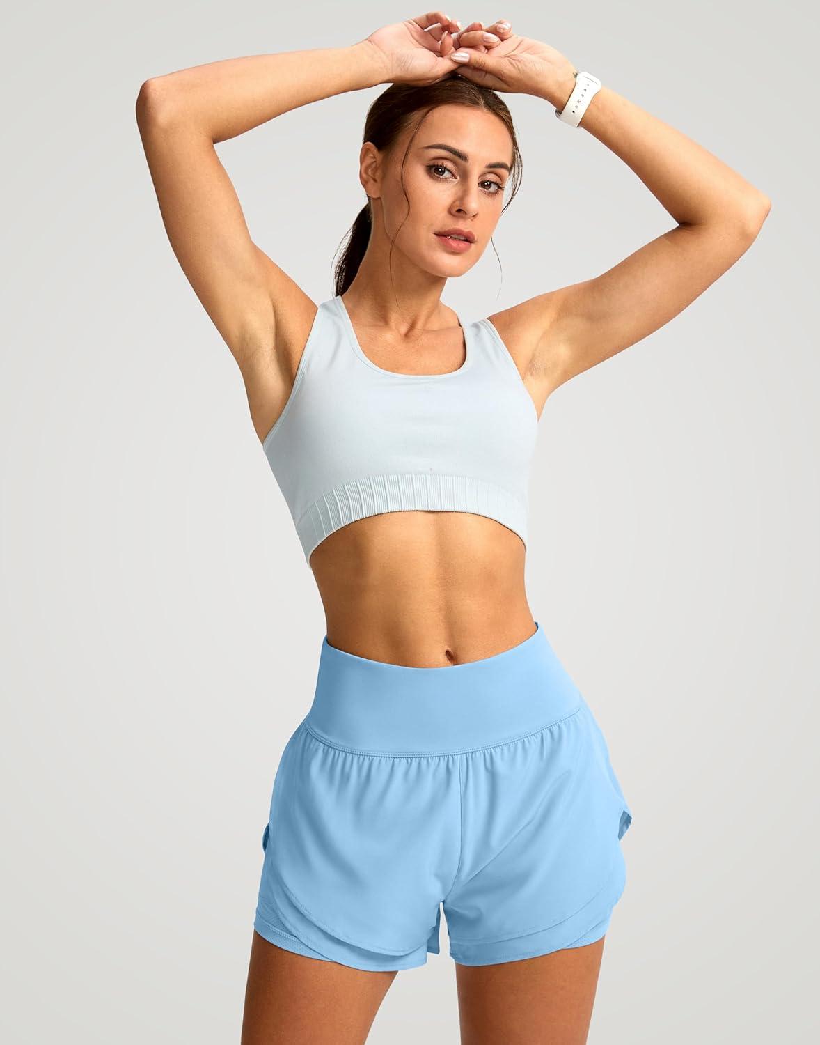 imageSANTINY Womens 2 in 1 Running Shorts with Pockets 3quot High Waisted Exercise Workout Athletic Shorts for Women with LinerLight Blue