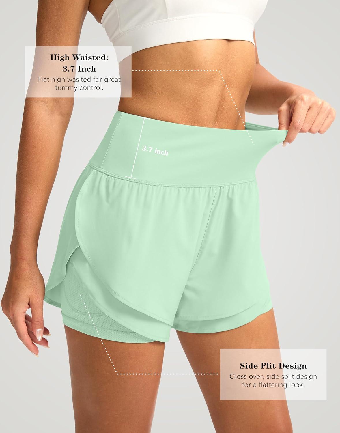 imageSANTINY Womens 2 in 1 Running Shorts with Pockets 3quot High Waisted Exercise Workout Athletic Shorts for Women with LinerLight Green