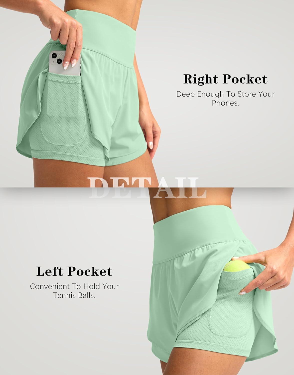 imageSANTINY Womens 2 in 1 Running Shorts with Pockets 3quot High Waisted Exercise Workout Athletic Shorts for Women with LinerLight Green