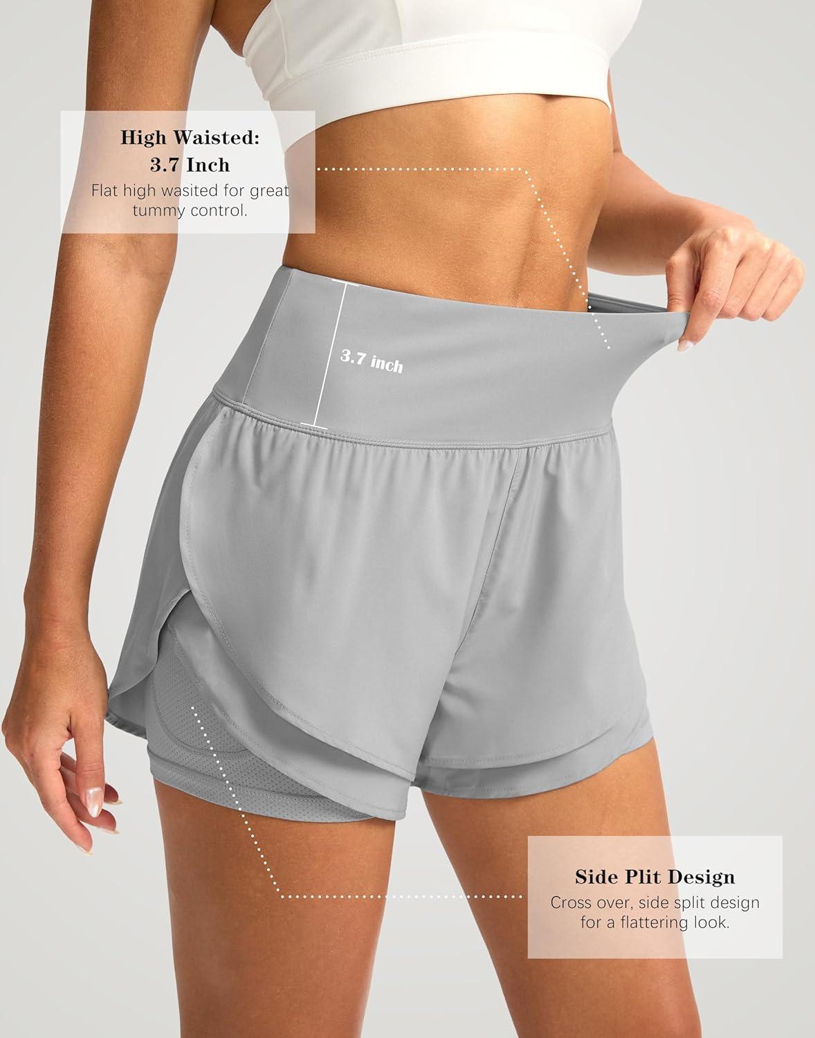 imageSANTINY Womens 2 in 1 Running Shorts with Pockets 3quot High Waisted Exercise Workout Athletic Shorts for Women with LinerLight Grey