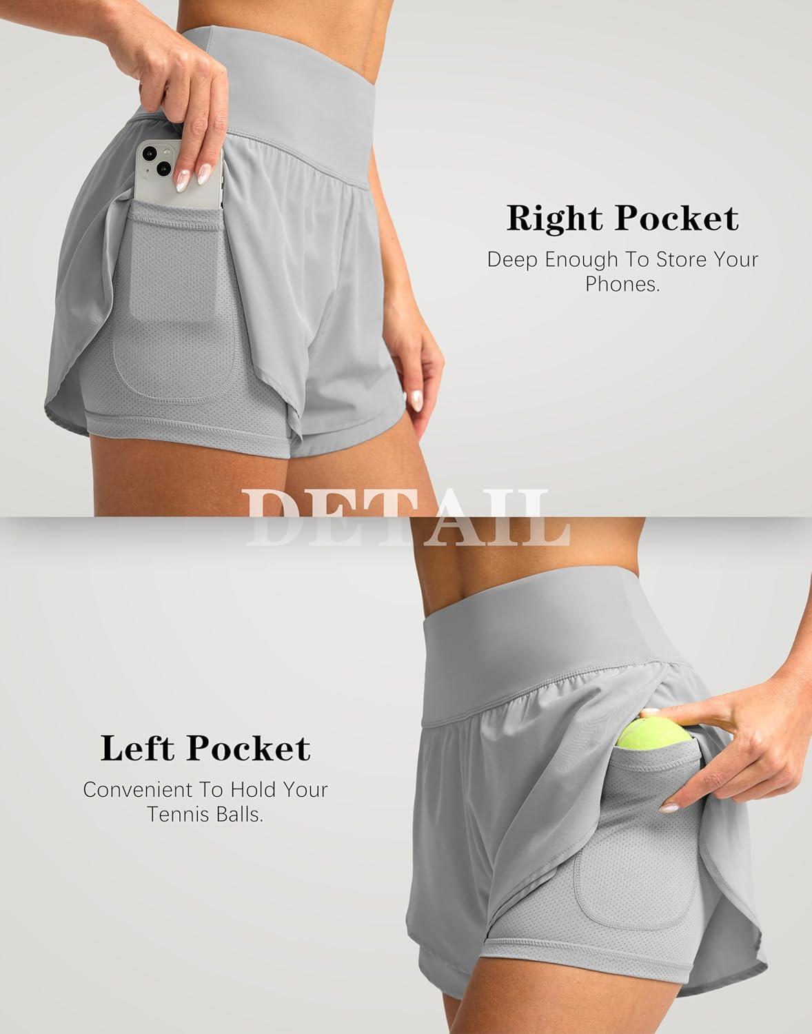 imageSANTINY Womens 2 in 1 Running Shorts with Pockets 3quot High Waisted Exercise Workout Athletic Shorts for Women with LinerLight Grey