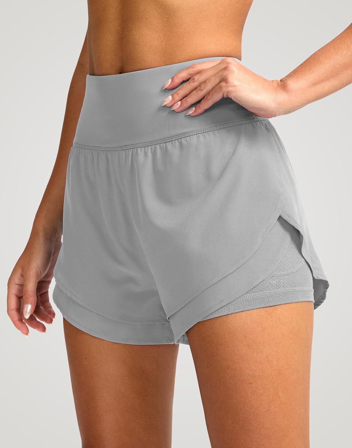 imageSANTINY Womens 2 in 1 Running Shorts with Pockets 3quot High Waisted Exercise Workout Athletic Shorts for Women with LinerLight Grey