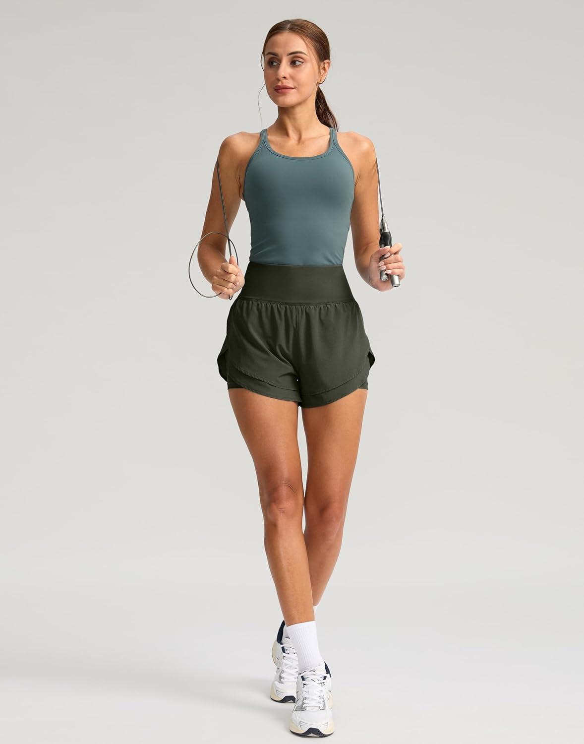 imageSANTINY Womens 2 in 1 Running Shorts with Pockets 3quot High Waisted Exercise Workout Athletic Shorts for Women with LinerOlive