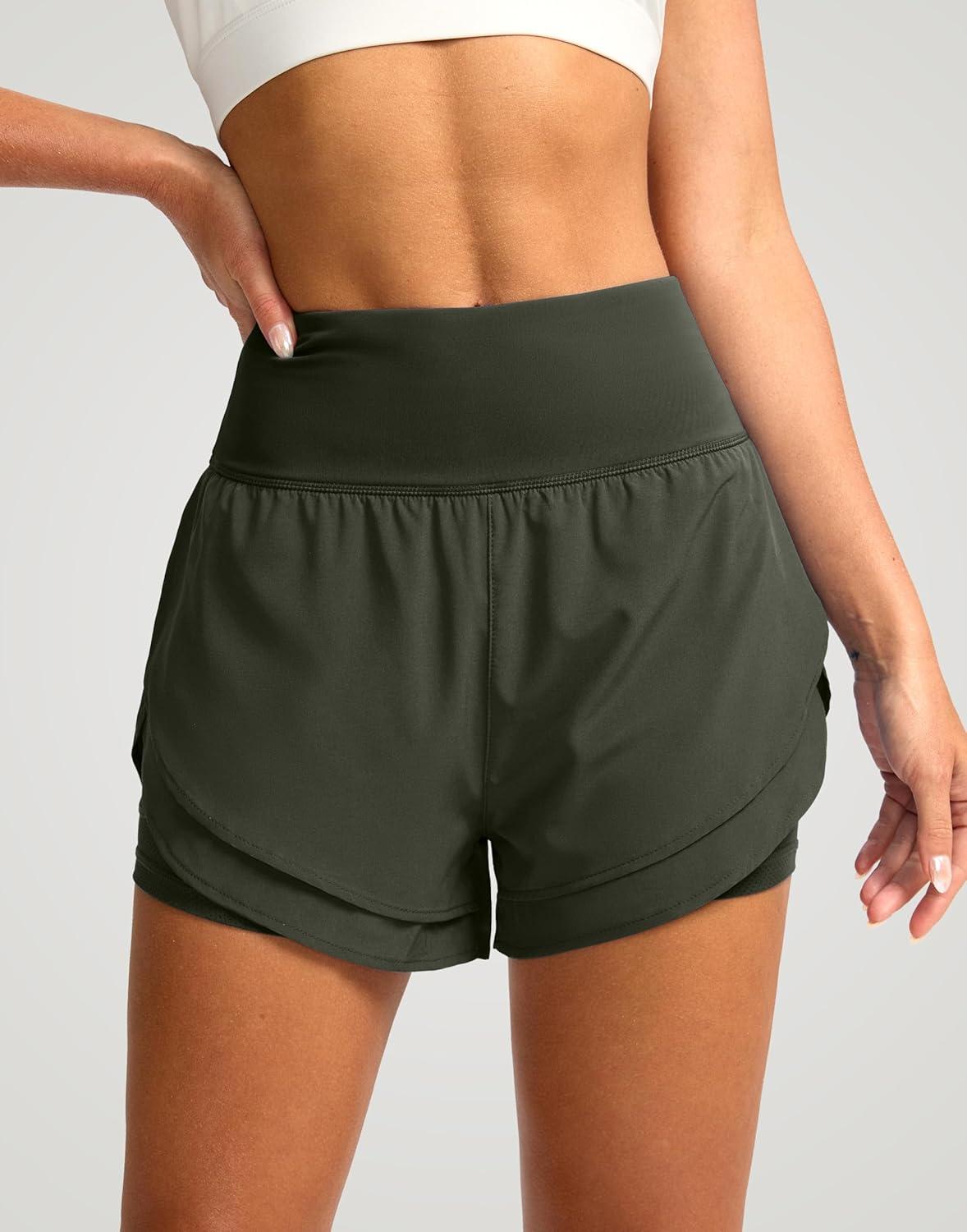 imageSANTINY Womens 2 in 1 Running Shorts with Pockets 3quot High Waisted Exercise Workout Athletic Shorts for Women with LinerOlive