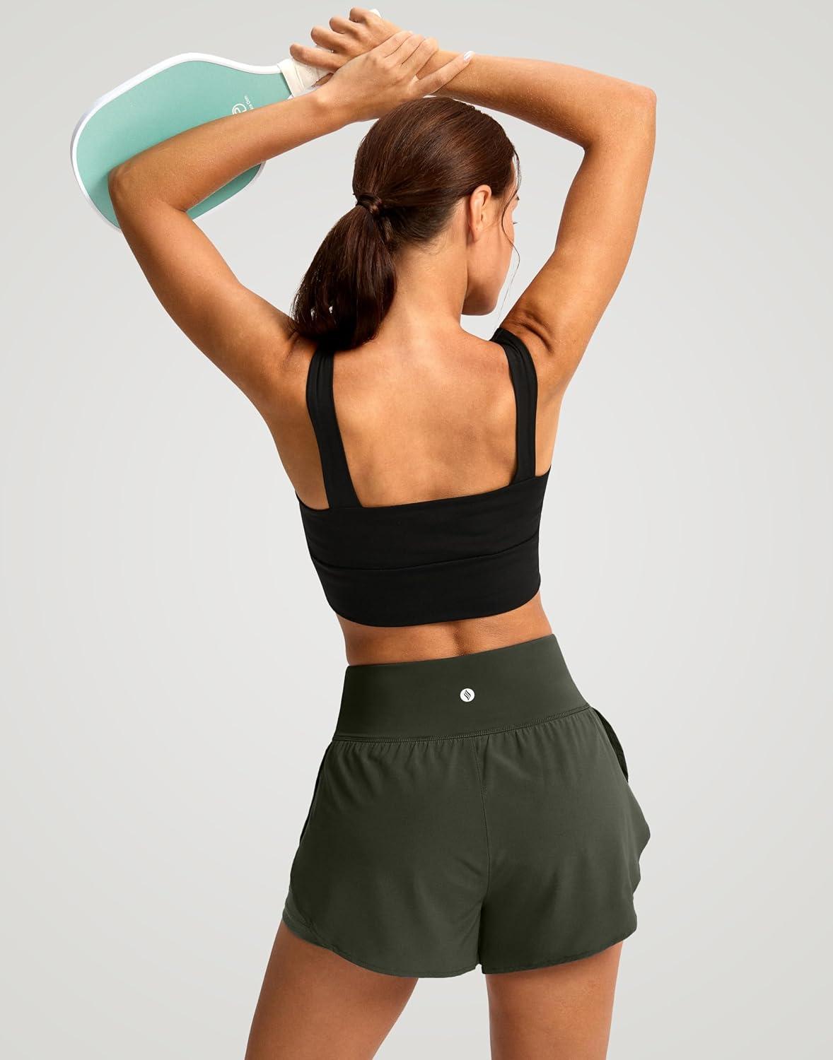 imageSANTINY Womens 2 in 1 Running Shorts with Pockets 3quot High Waisted Exercise Workout Athletic Shorts for Women with LinerOlive