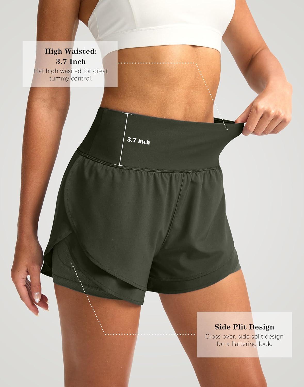 imageSANTINY Womens 2 in 1 Running Shorts with Pockets 3quot High Waisted Exercise Workout Athletic Shorts for Women with LinerOlive
