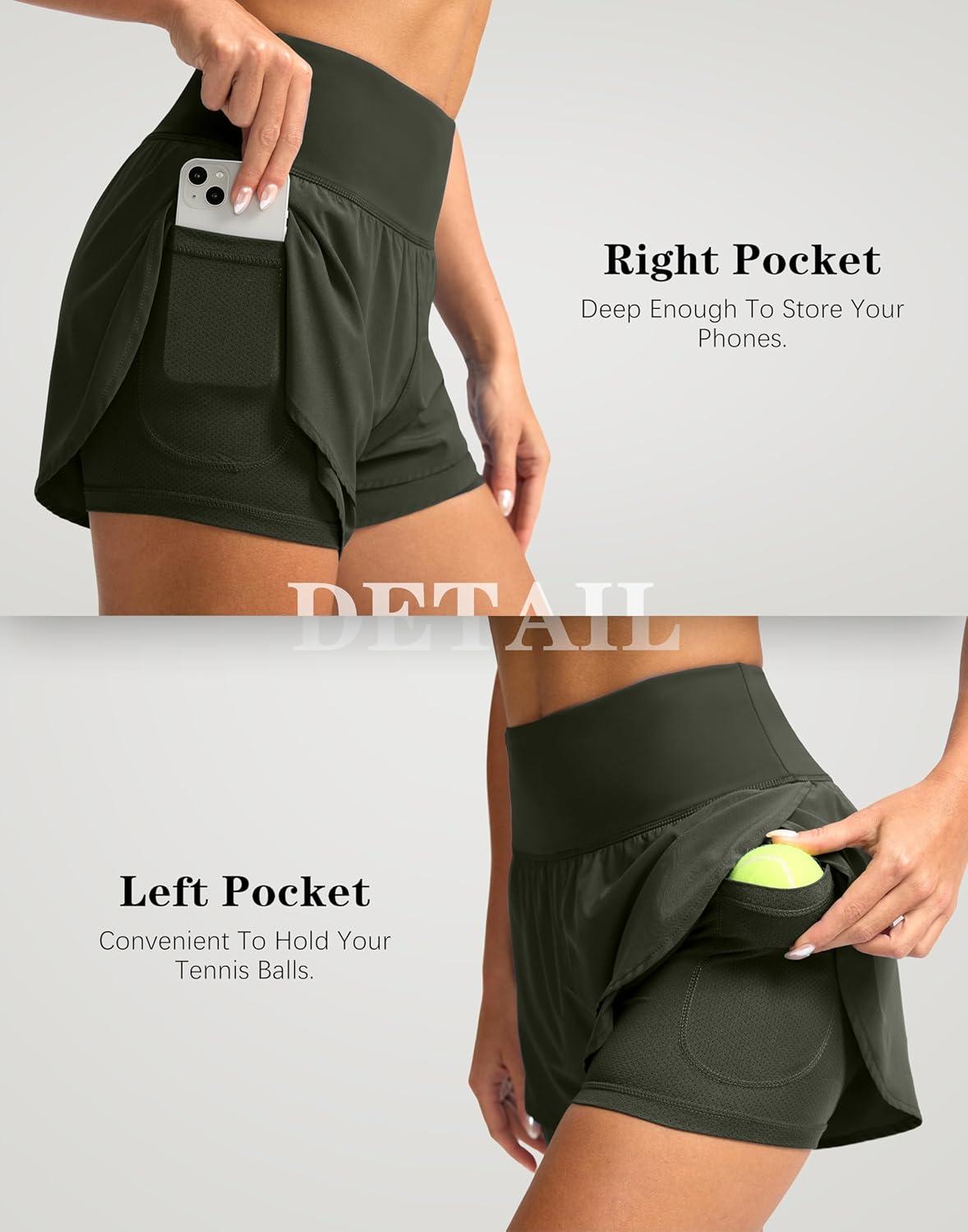 imageSANTINY Womens 2 in 1 Running Shorts with Pockets 3quot High Waisted Exercise Workout Athletic Shorts for Women with LinerOlive