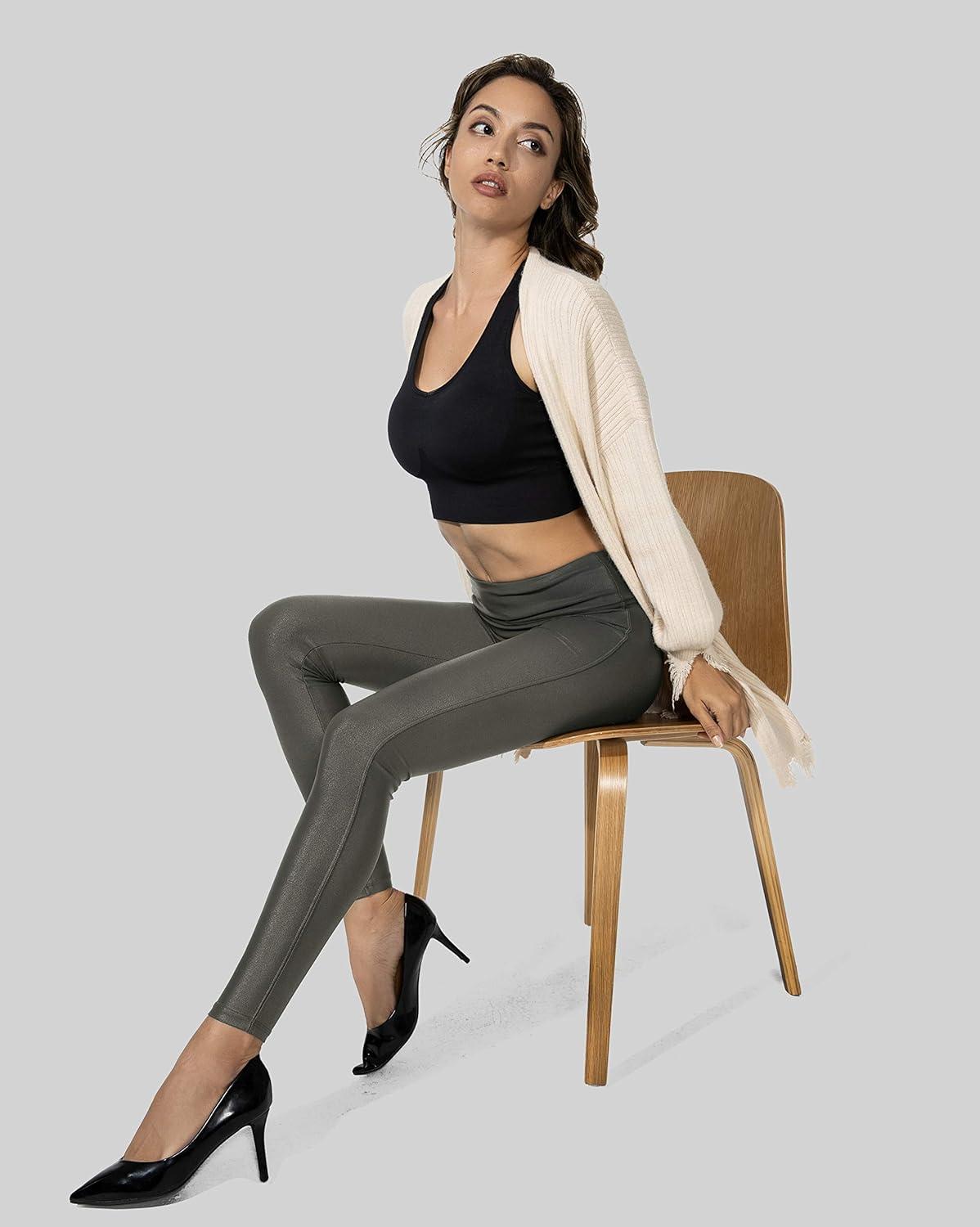 imageSANTINY Womens 25527 Faux Leather Leggings Pants Stretch High Waisted Tights for WomenOlive Green