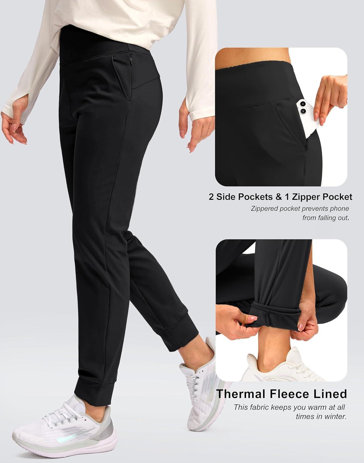 imageSANTINY Womens Fleece Lined Joggers Water Resistant High Waisted Thermal Sweatpants Winter Pants Hiking Running PocketsBlack