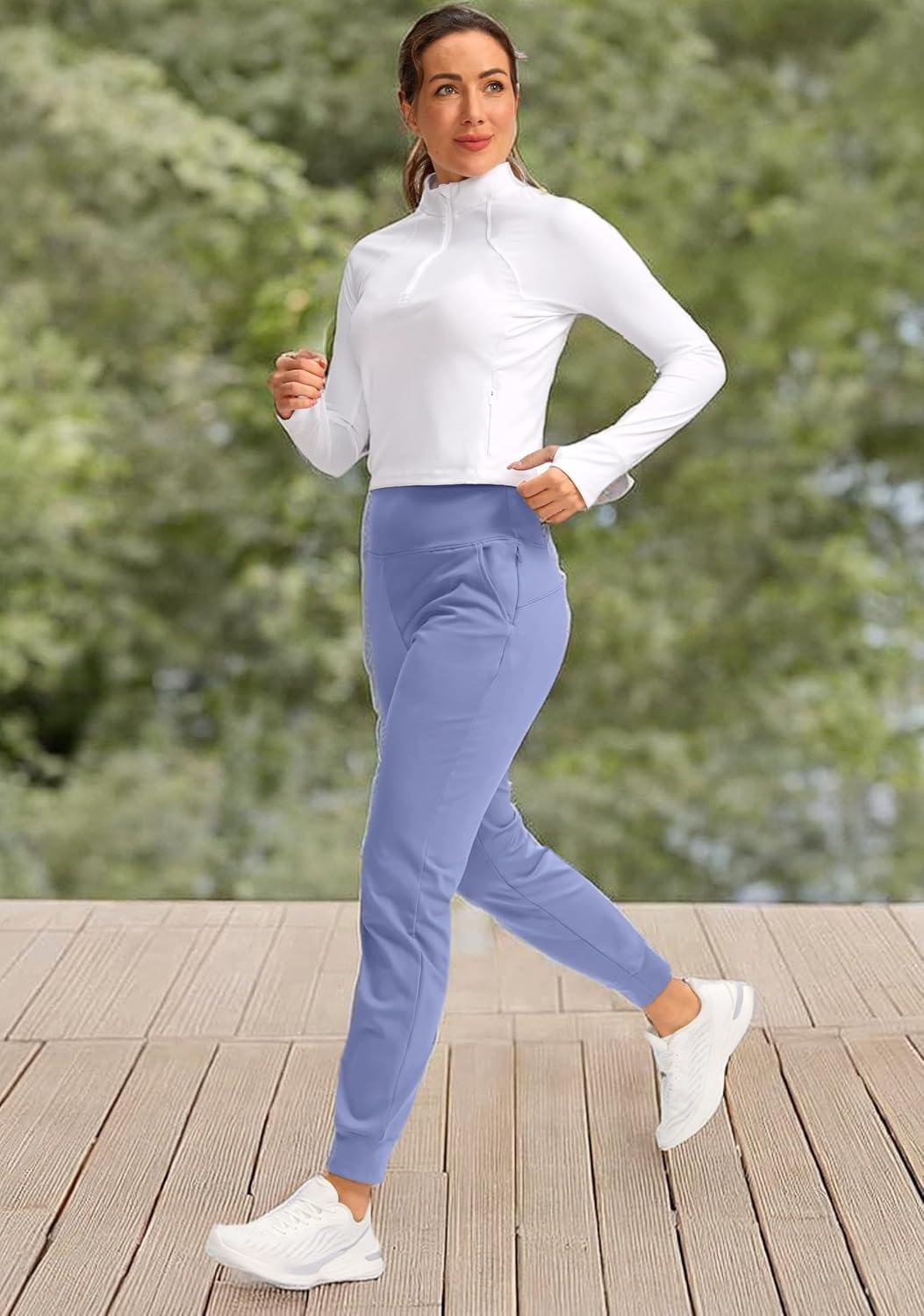 imageSANTINY Womens Fleece Lined Joggers Water Resistant High Waisted Thermal Sweatpants Winter Pants Hiking Running PocketsLight Blue