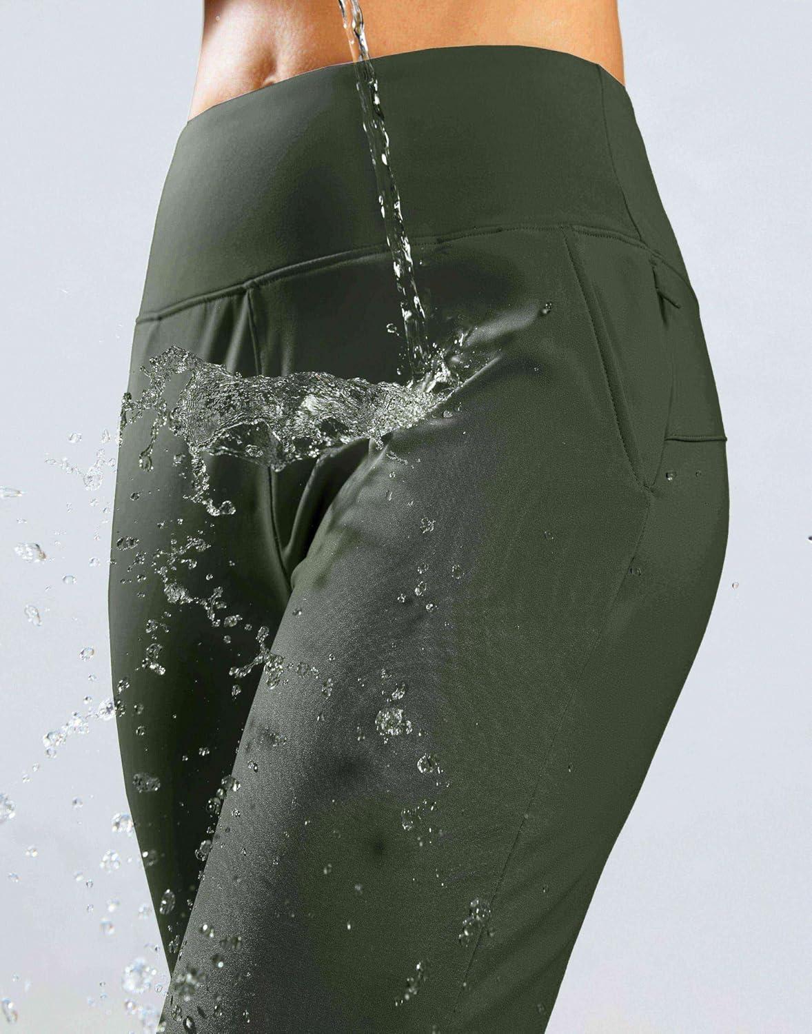 imageSANTINY Womens Fleece Lined Joggers Water Resistant High Waisted Thermal Sweatpants Winter Pants Hiking Running PocketsOlive