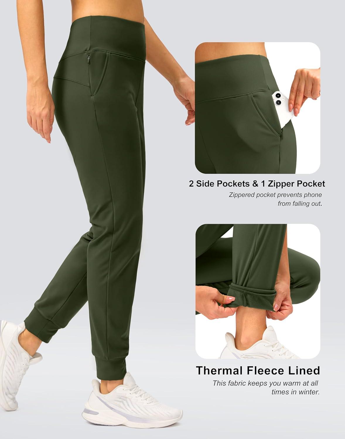 imageSANTINY Womens Fleece Lined Joggers Water Resistant High Waisted Thermal Sweatpants Winter Pants Hiking Running PocketsOlive