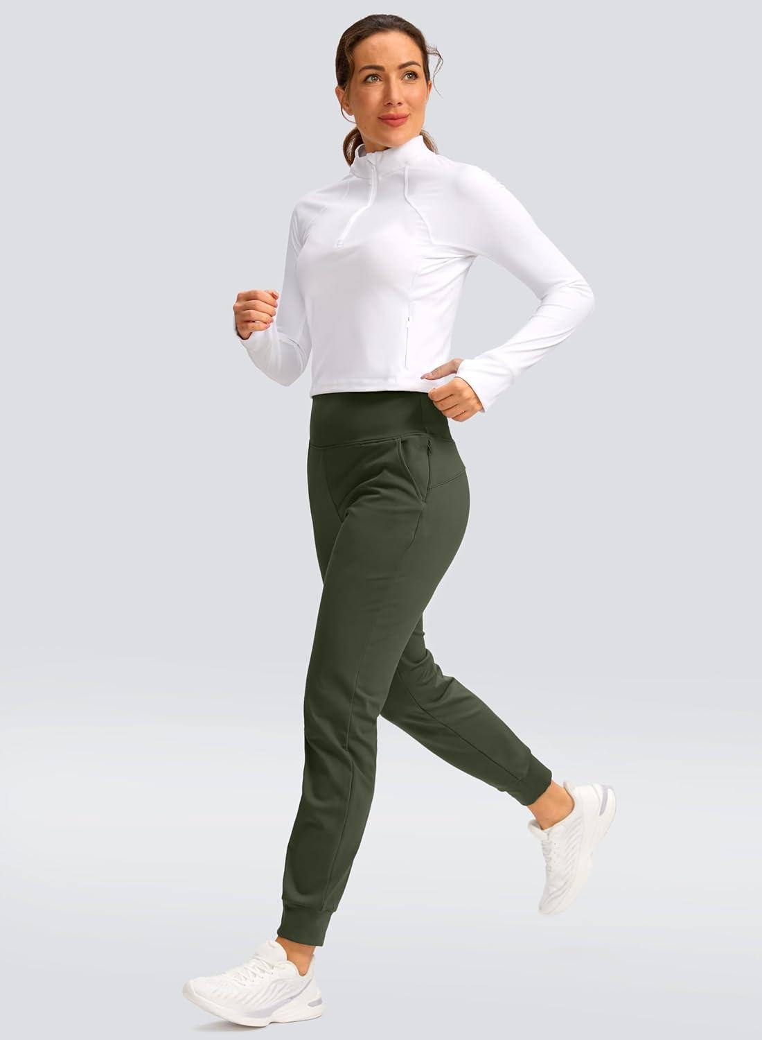 imageSANTINY Womens Fleece Lined Joggers Water Resistant High Waisted Thermal Sweatpants Winter Pants Hiking Running PocketsOlive