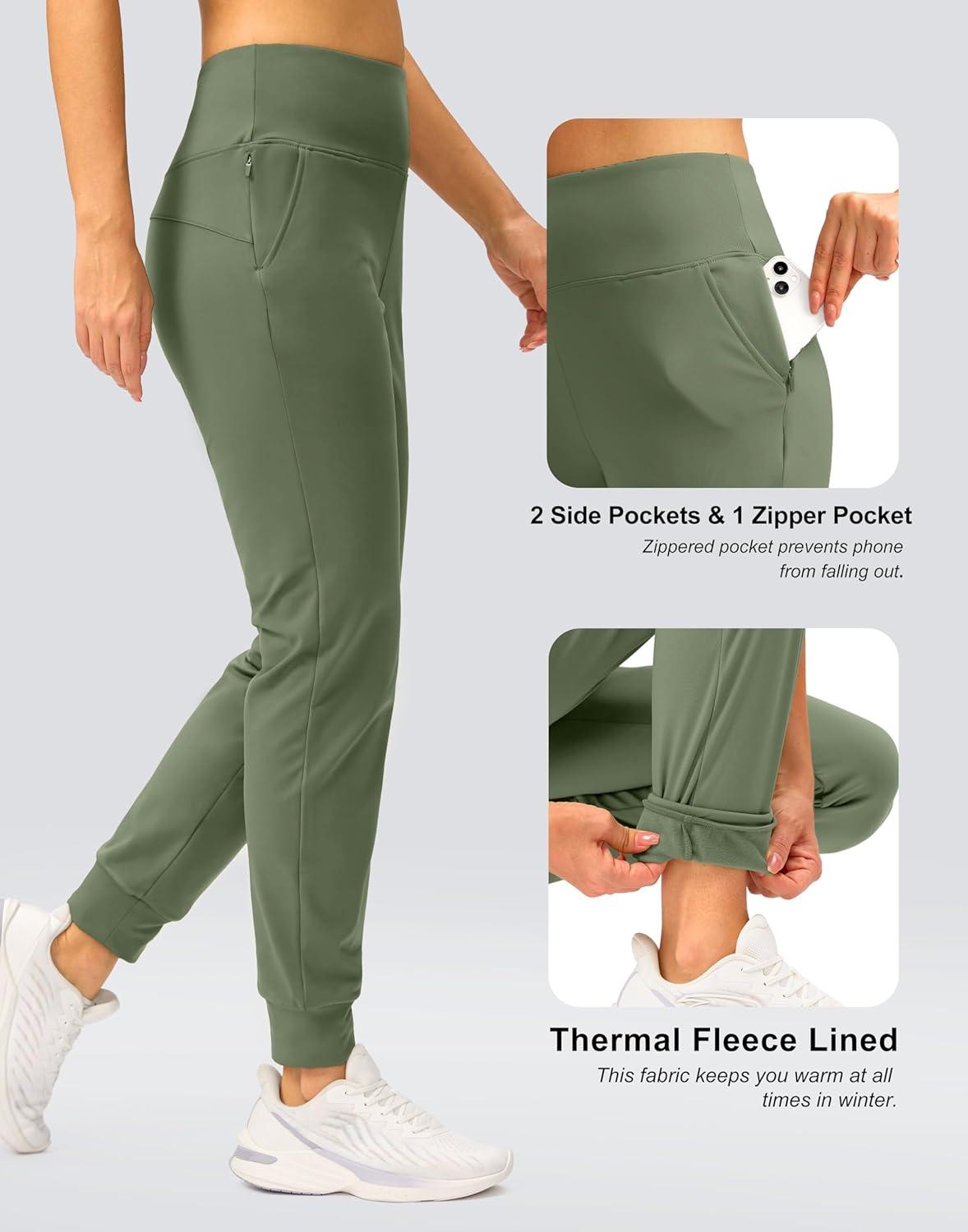 imageSANTINY Womens Fleece Lined Joggers Water Resistant High Waisted Thermal Sweatpants Winter Pants Hiking Running PocketsSage Green