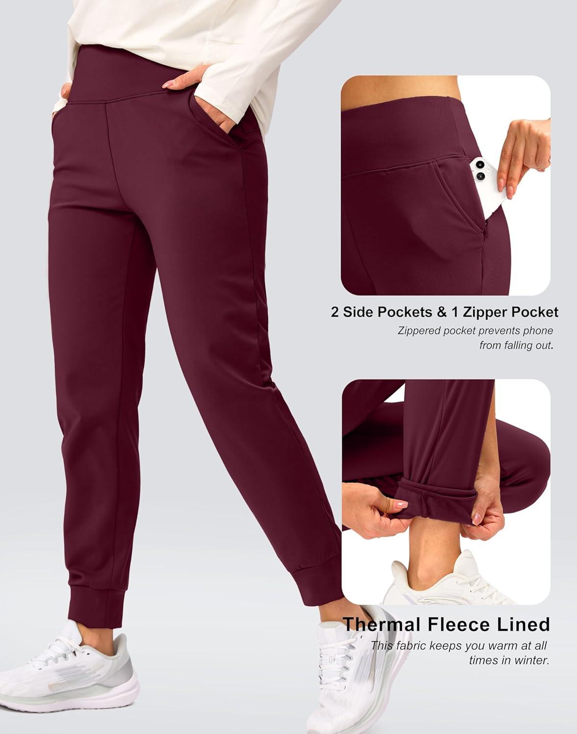 imageSANTINY Womens Fleece Lined Joggers Water Resistant High Waisted Thermal Sweatpants Winter Pants Hiking Running PocketsWine